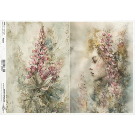 Papír rýžový A4 Zahrada múz, dívčí tvář v květech lupiny