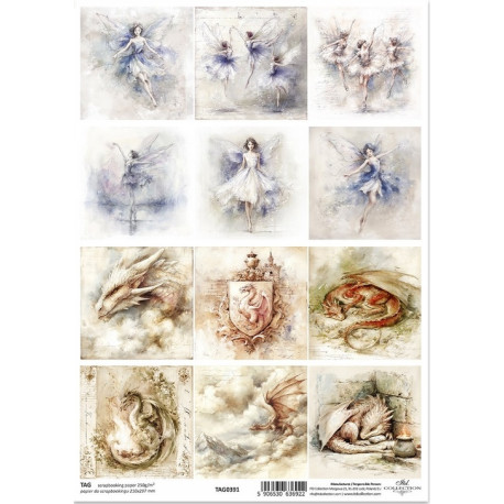Scrap.papír A4 Víly akvarel, baletky, draci