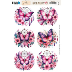 Papírové výřezy A4 - Půvab bobulí, růžoví motýli v kruzích (FI)