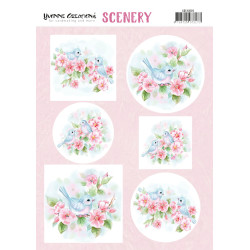 Papírové výřezy A4 - Akvarelový obrázek, růžový květ, ptáček (FI)