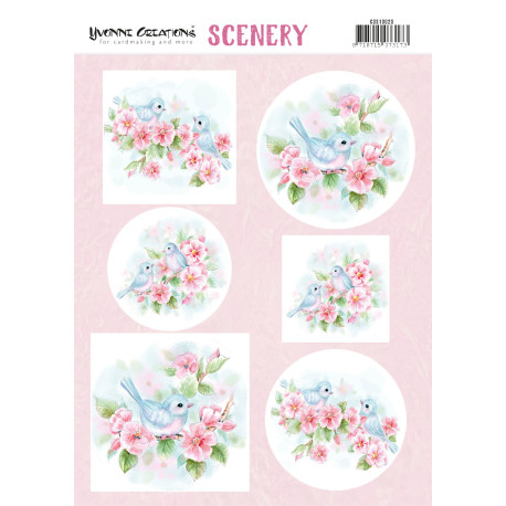 Papírové výřezy A4 - Akvarelový obrázek, růžový květ, ptáček (FI)